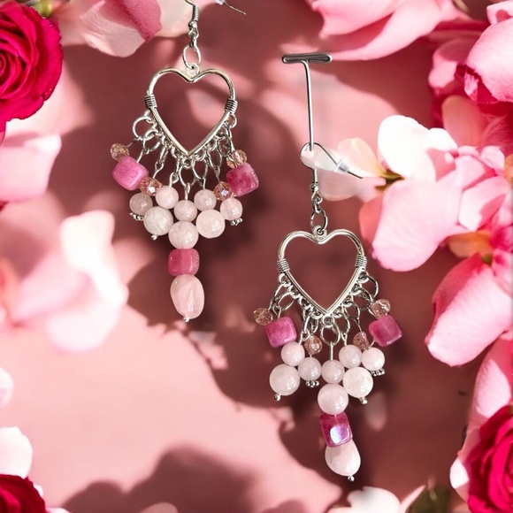Rose Quartz and Crystals Heart Shaped Silver Toned Chandelier Earrings - Picture 3 of 17